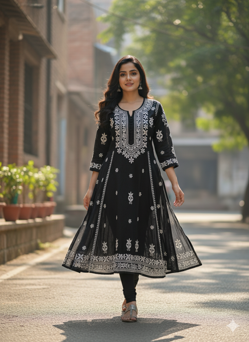 "Black Silk Cotton Chikankari Kurti with White Hand Embroidery | Premium Lucknowi Ethnic Wear for Women"