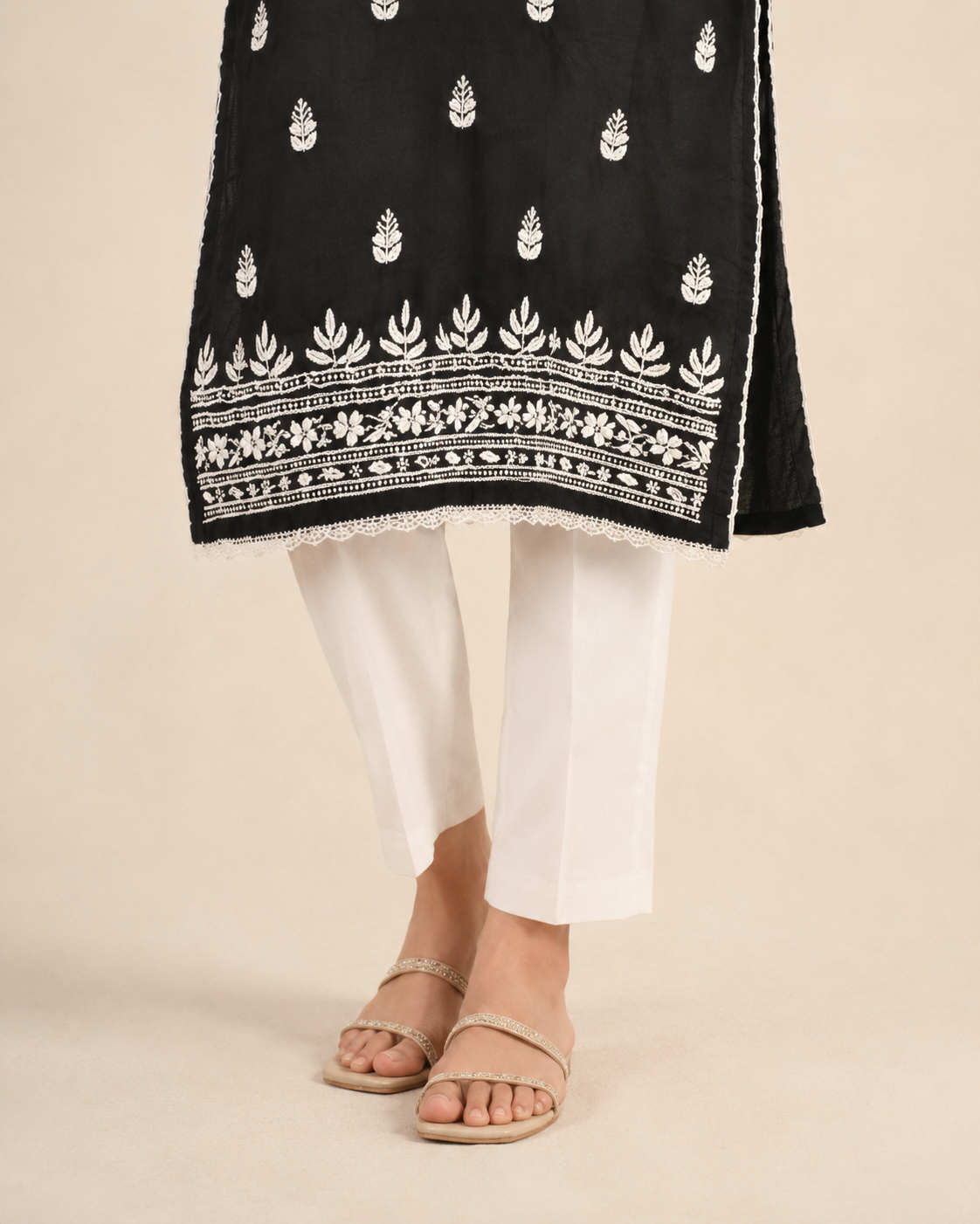 Black Lucknowi Chikankari Kurti for Women – Handmade White Embroidery