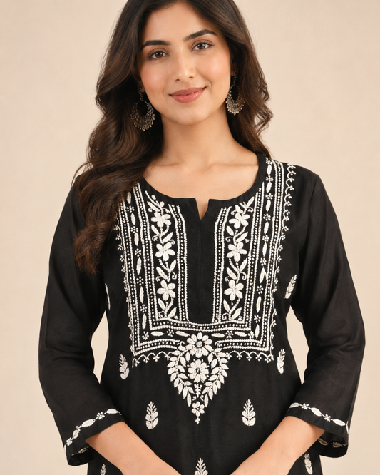 Black Lucknowi Chikankari Kurti for Women – Handmade White Embroidery