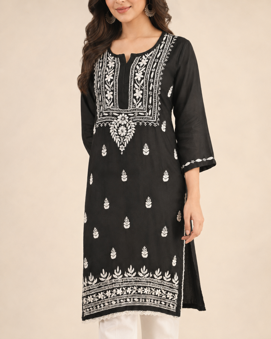 Black Lucknowi Chikankari Kurti for Women – Handmade White Embroidery
