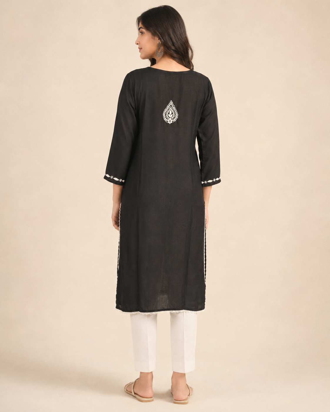 Black Lucknowi Chikankari Kurti for Women – Handmade White Embroidery