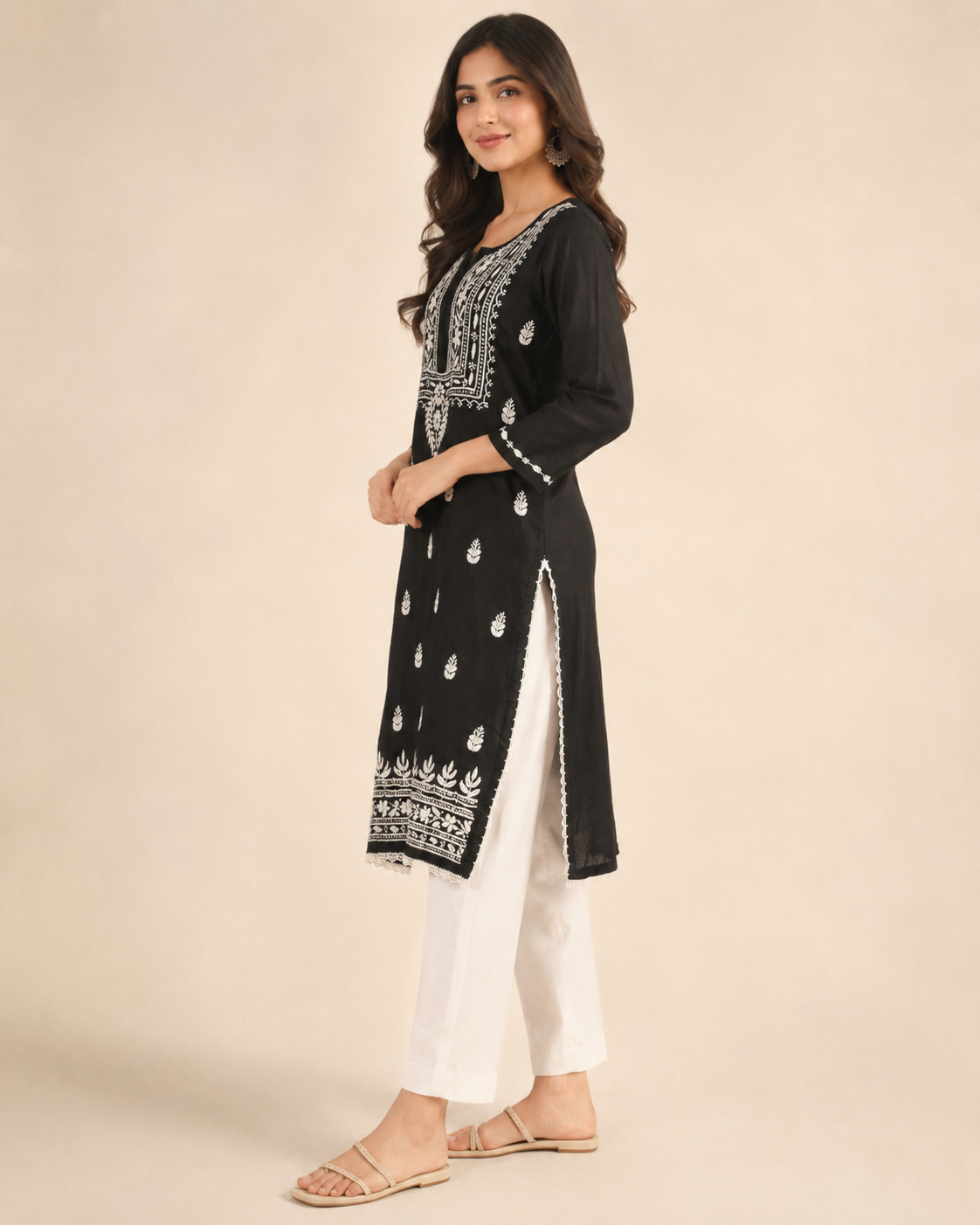 Black Lucknowi Chikankari Kurti for Women – Handmade White Embroidery