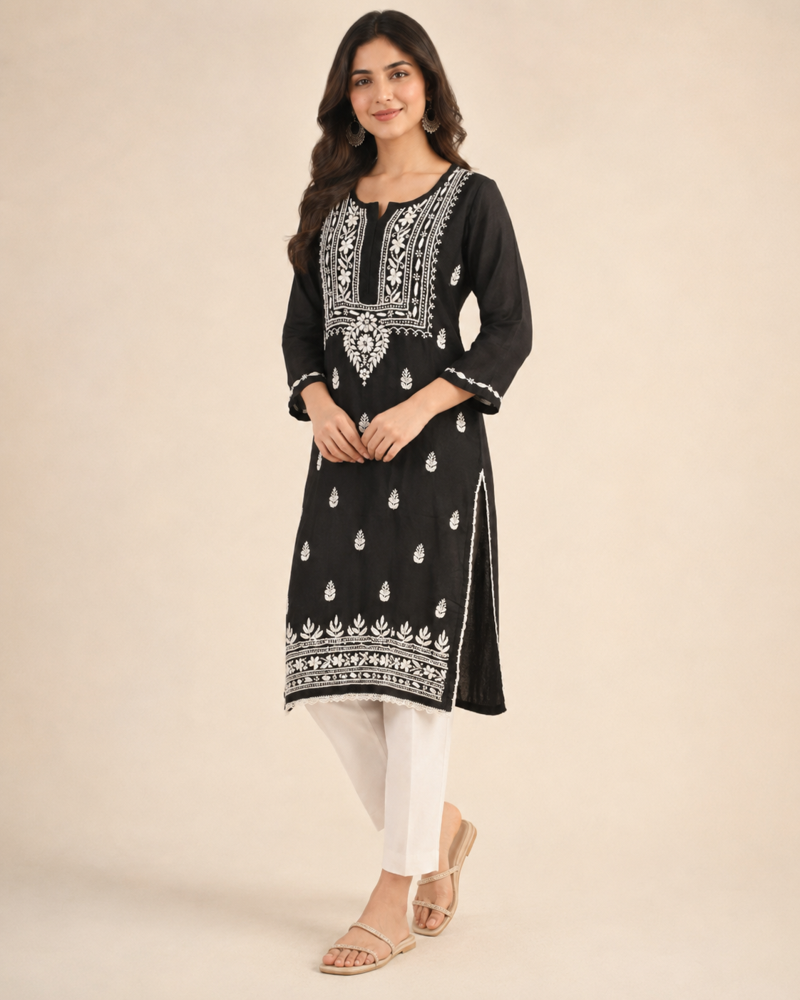 Black Lucknowi Chikankari Kurti for Women – Handmade White Embroidery