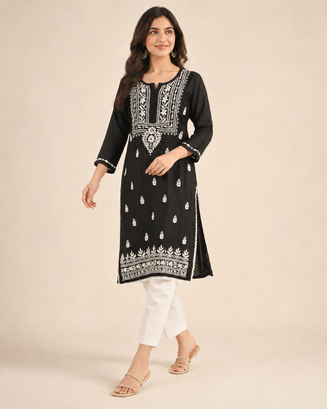 Black Lucknowi Chikankari Kurti for Women – Handmade White Embroidery