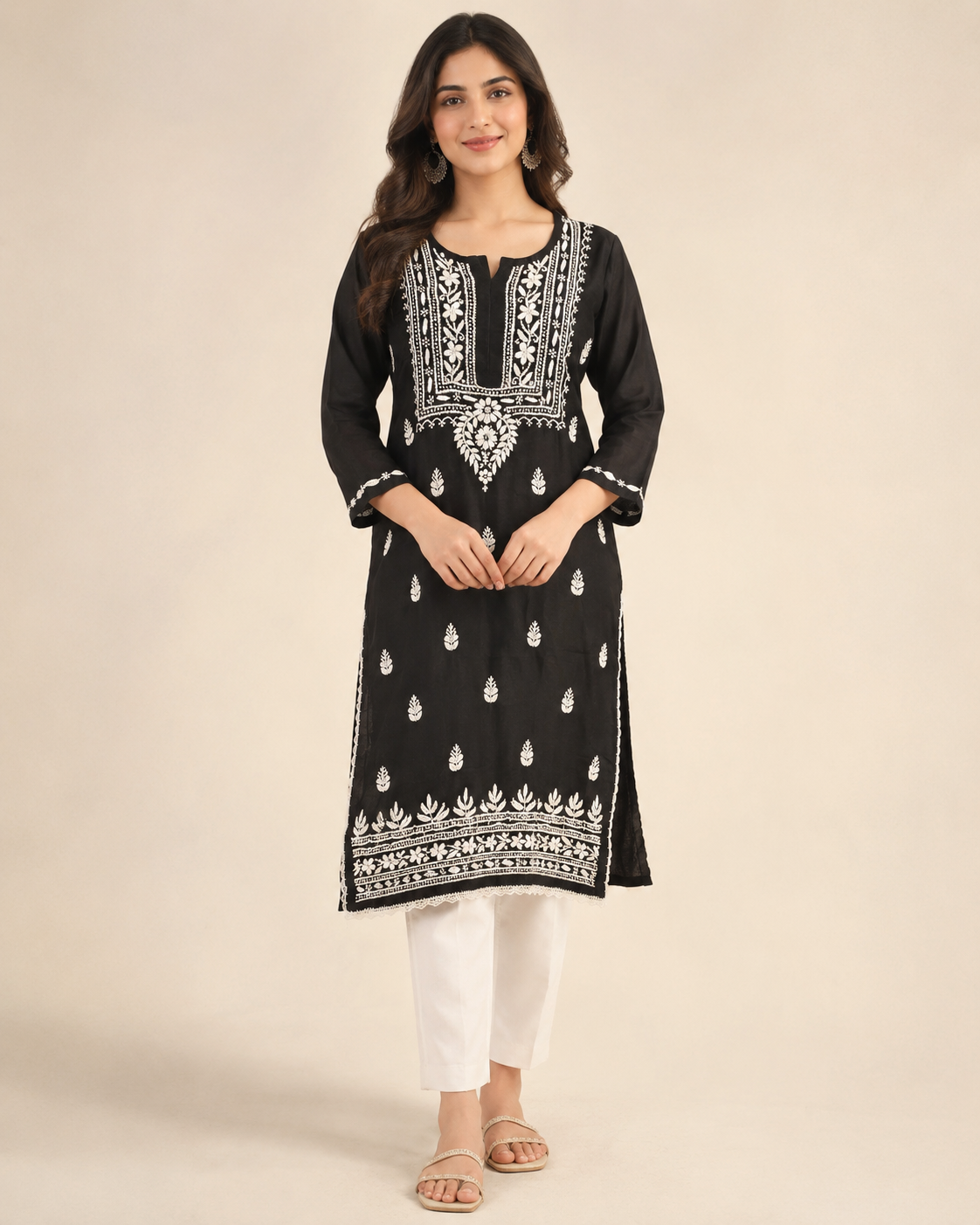 Black Lucknowi Chikankari Kurti for Women – Handmade White Embroidery