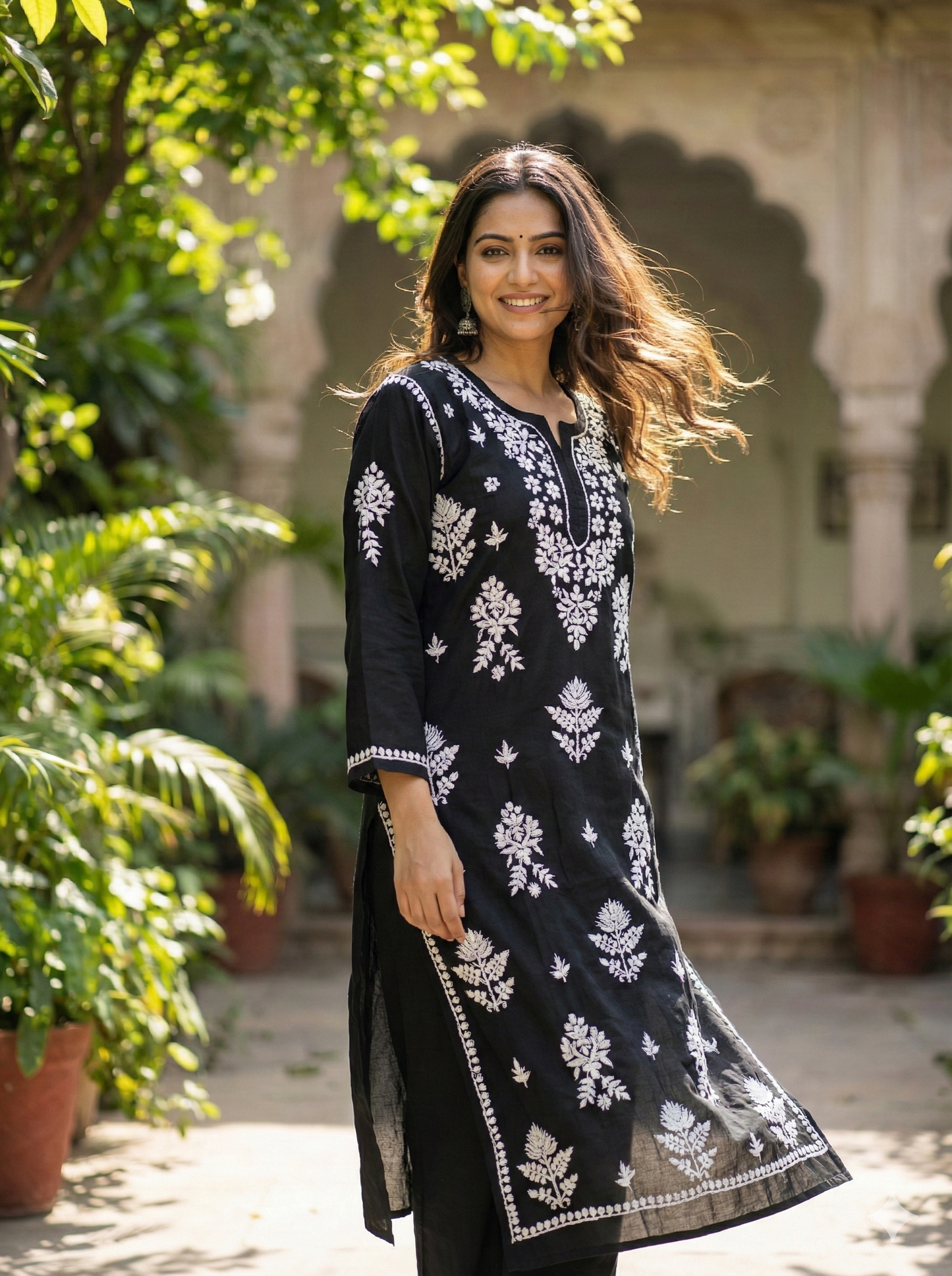 Black Rayon Chikankari Kurti with White Hand Embroidery | Straight Fit