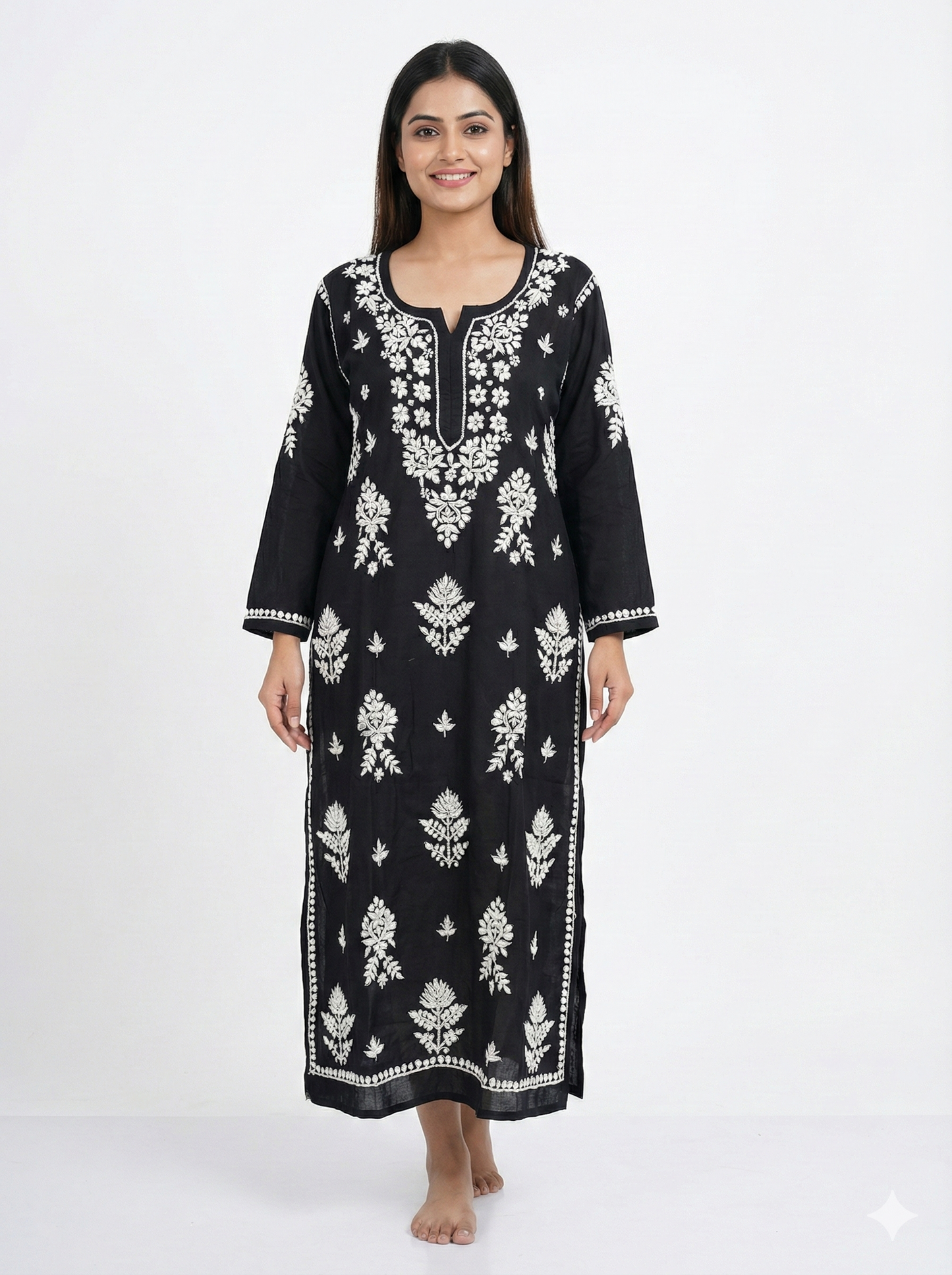 Black Rayon Chikankari Kurti with White Hand Embroidery | Straight Fit