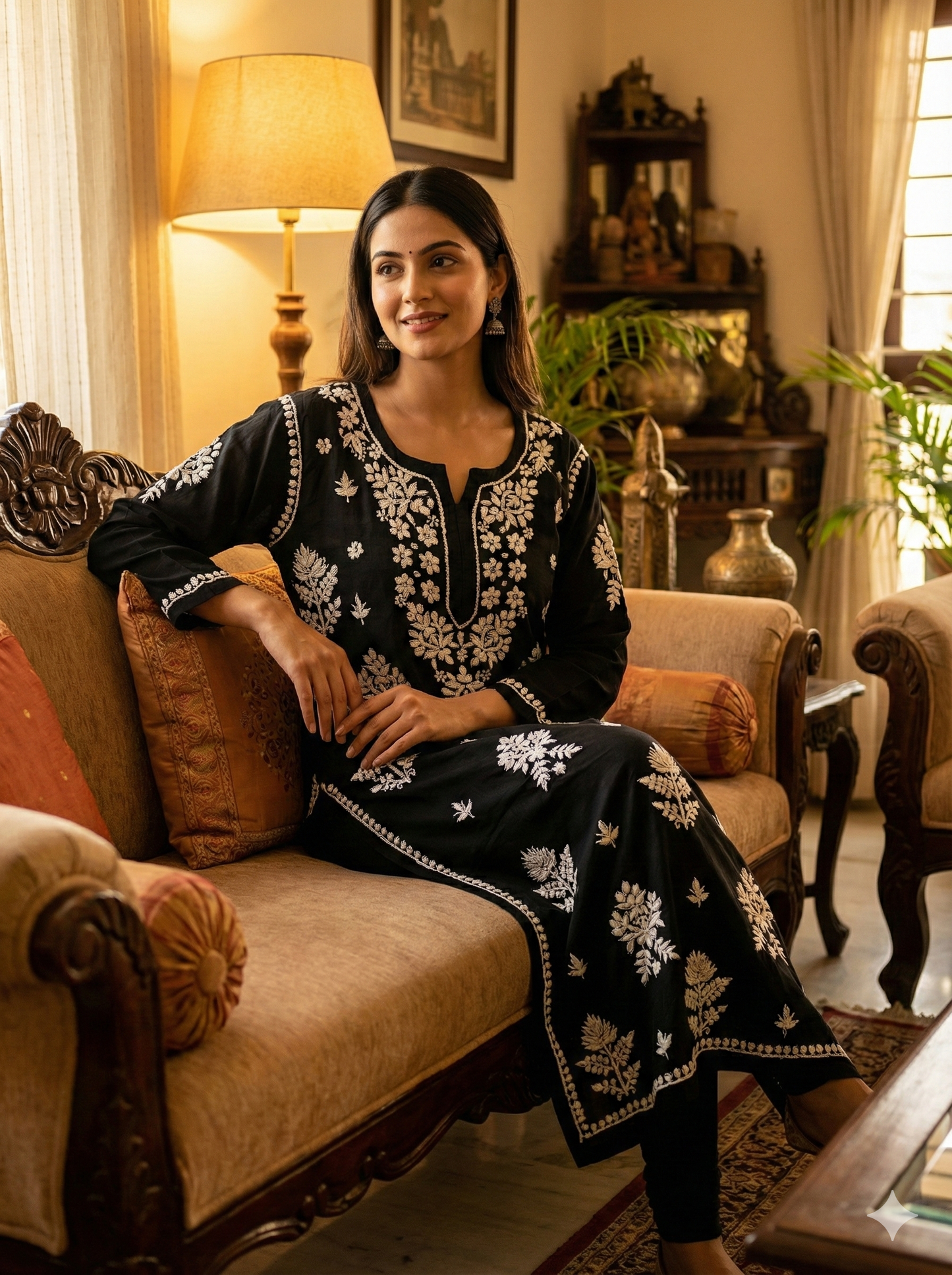 Black Rayon Chikankari Kurti with White Hand Embroidery | Straight Fit