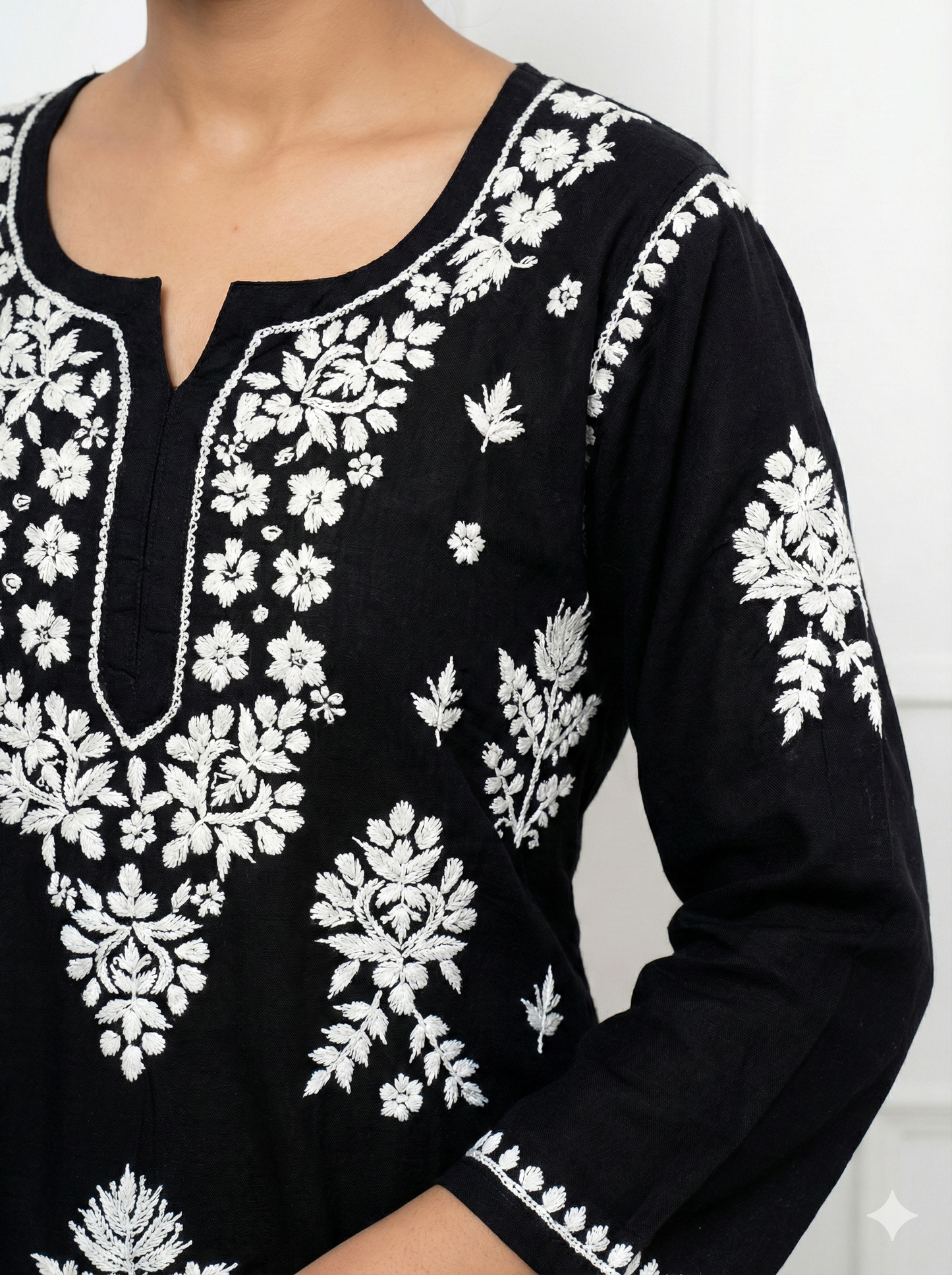 Black Rayon Chikankari Kurti with White Hand Embroidery | Straight Fit