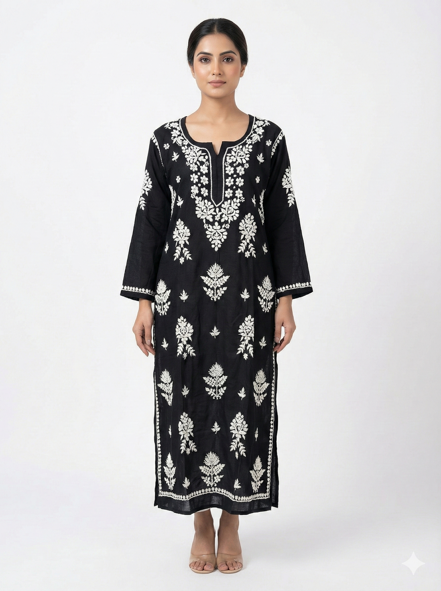 Black Rayon Chikankari Kurti with White Hand Embroidery | Straight Fit