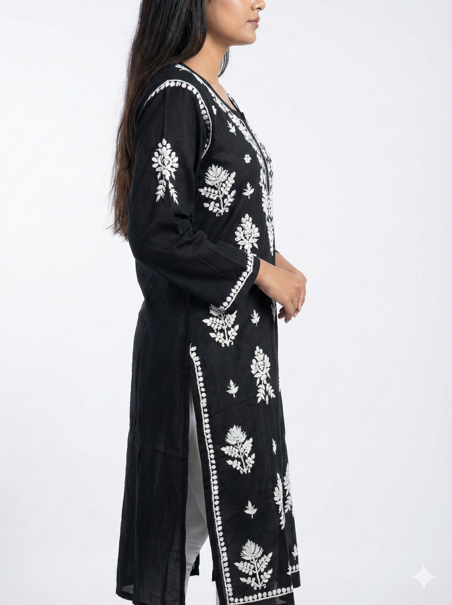 Black Rayon Chikankari Kurti with White Hand Embroidery | Straight Fit