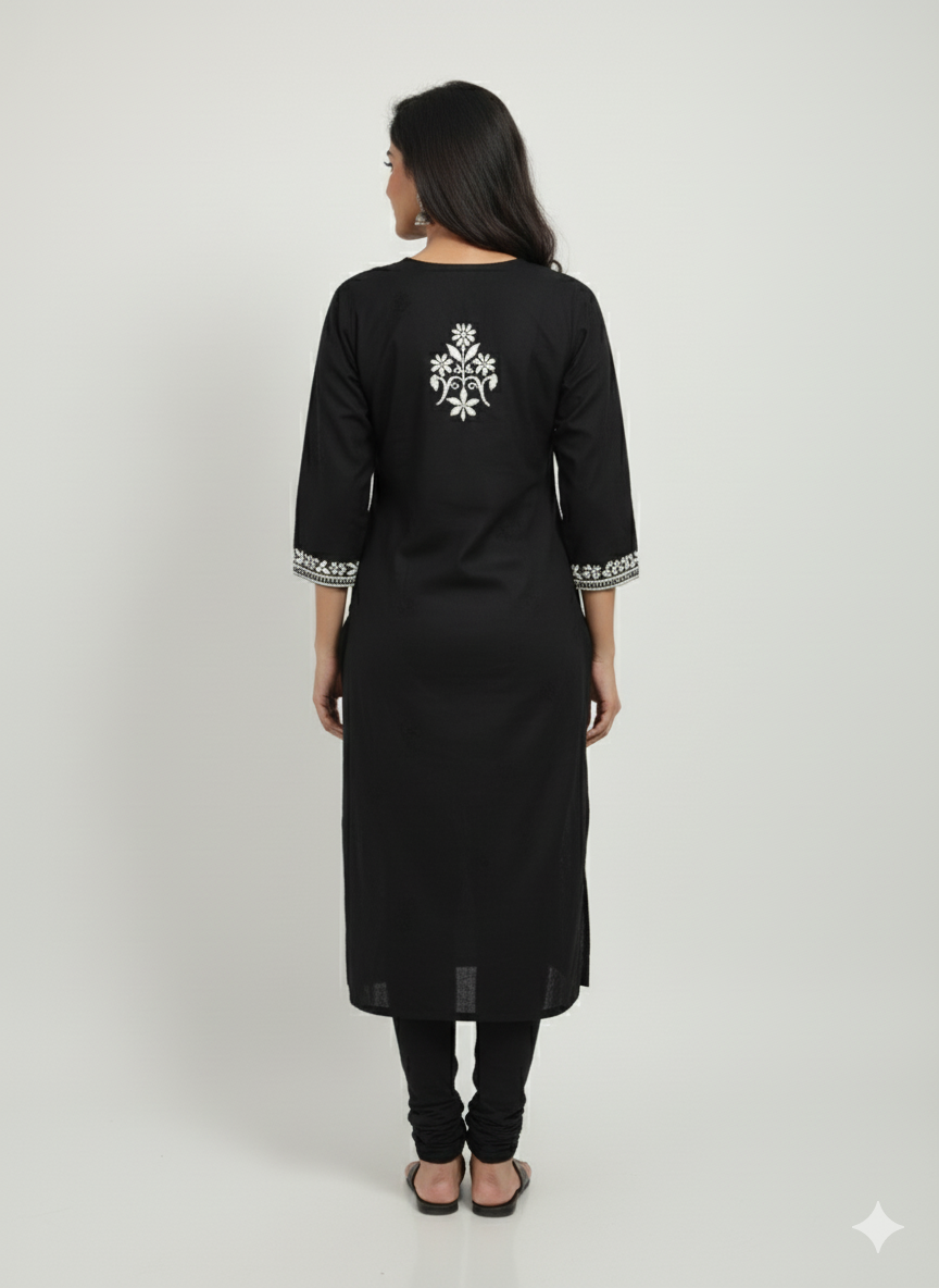 "Black Silk Cotton Chikankari Kurti with White Hand Embroidery | Premium Lucknowi Ethnic Wear for Women"