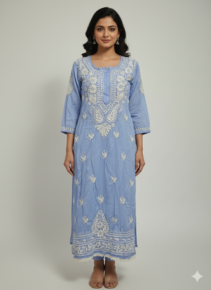 "Blue Pure Cotton Chikankari Kurti with White Hand Embroidery | Lucknowi Ethnic Wear for Women"