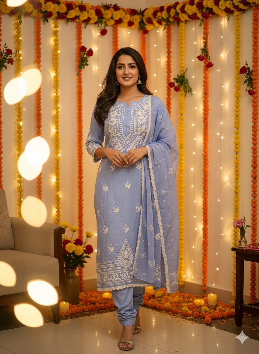 "Blue Pure Cotton Chikankari Kurti with White Hand Embroidery | Lucknowi Ethnic Wear for Women"
