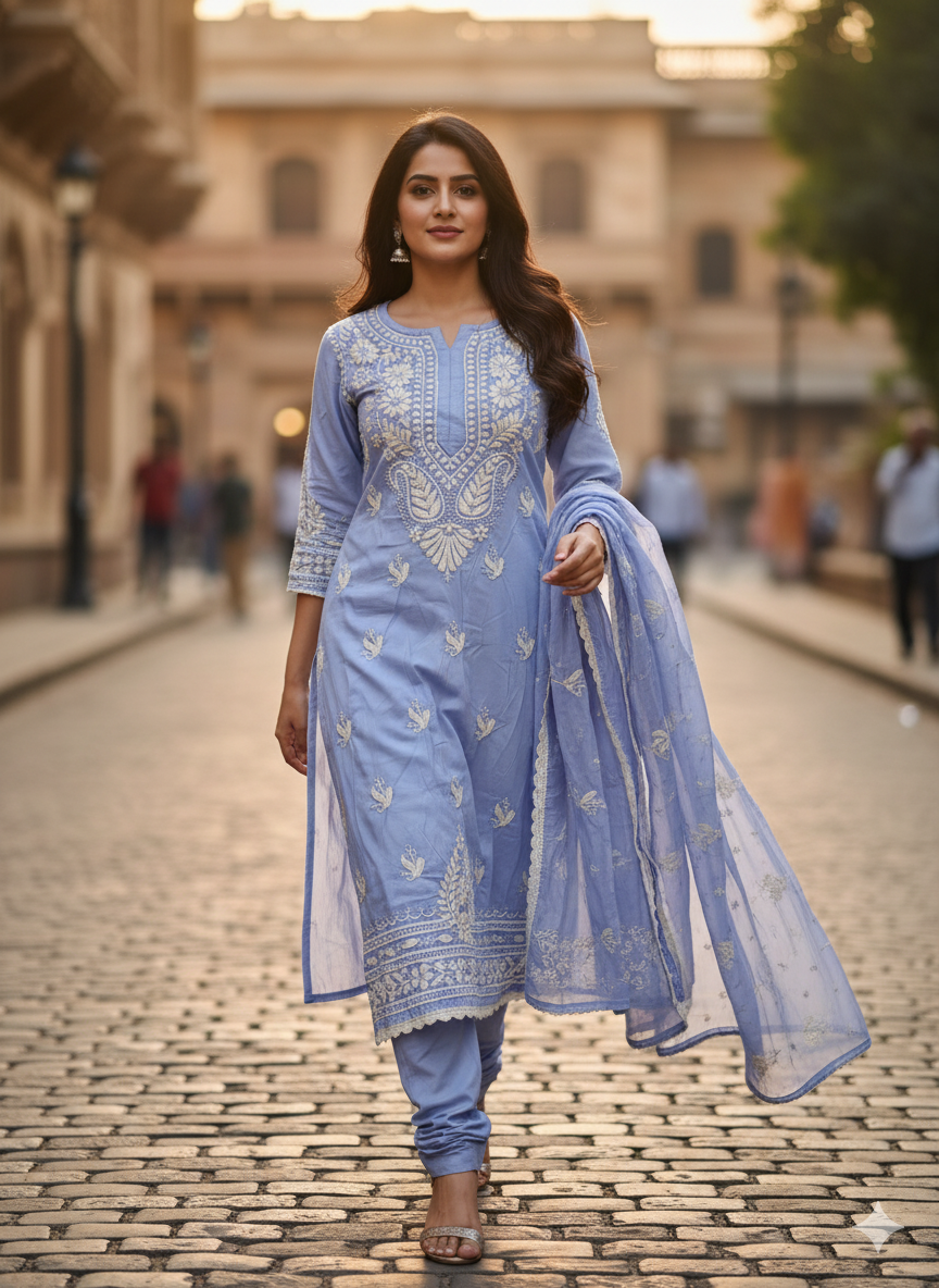 "Blue Pure Cotton Chikankari Kurti with White Hand Embroidery | Lucknowi Ethnic Wear for Women"