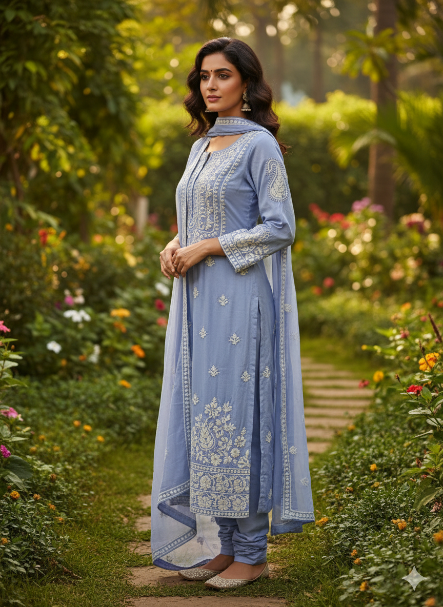 "Blue Pure Cotton Chikankari Kurti with White Hand Embroidery | Lucknowi Ethnic Wear for Women"