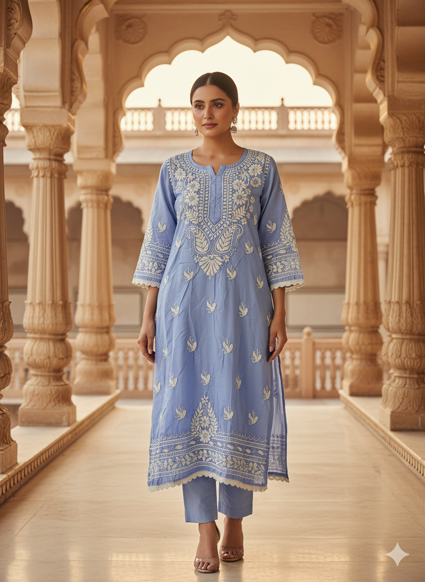 "Blue Pure Cotton Chikankari Kurti with White Hand Embroidery | Lucknowi Ethnic Wear for Women"