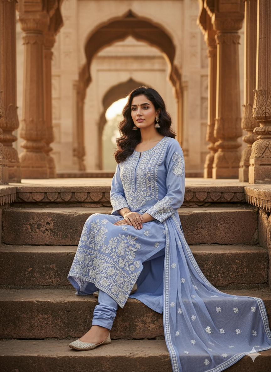 "Blue Pure Cotton Chikankari Kurti with White Hand Embroidery | Lucknowi Ethnic Wear for Women"