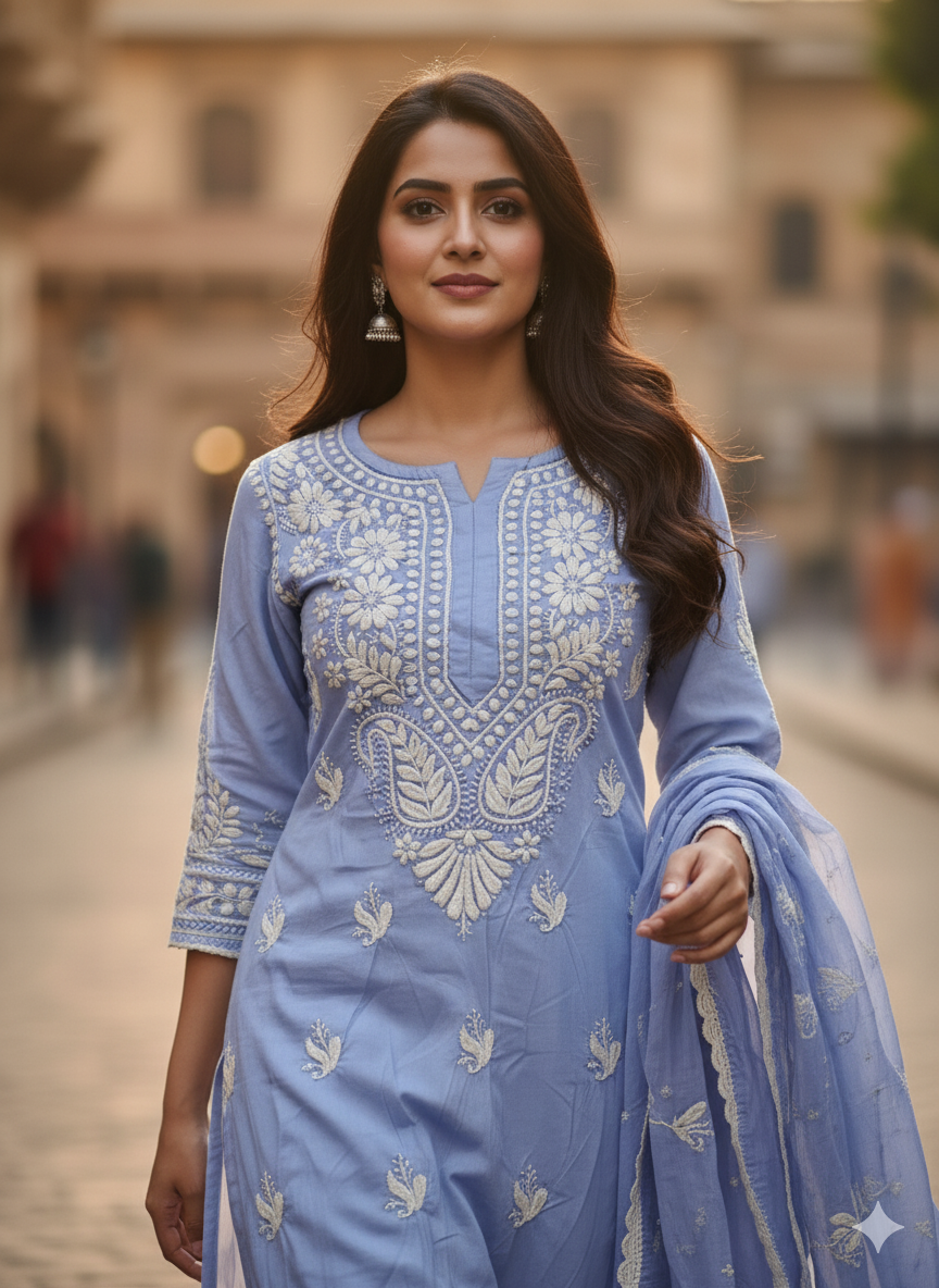 "Blue Pure Cotton Chikankari Kurti with White Hand Embroidery | Lucknowi Ethnic Wear for Women"