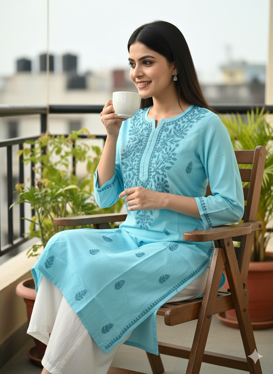 "Handmade Lucknowi Chikankari Kurti for Women – Sky Blue Cotton Kurta with Intricate Floral Embroidery | Daily & Festive Wear"