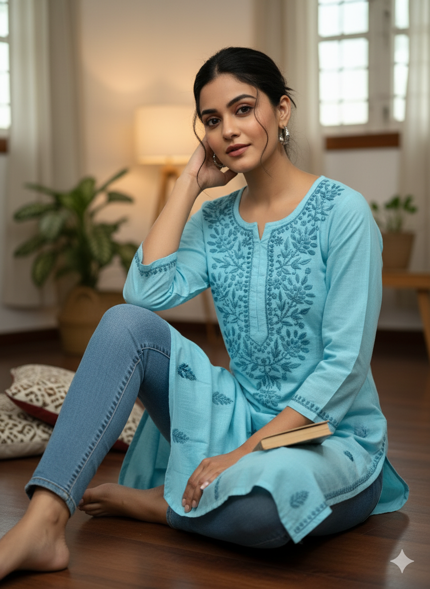 "Handmade Lucknowi Chikankari Kurti for Women – Sky Blue Cotton Kurta with Intricate Floral Embroidery | Daily & Festive Wear"