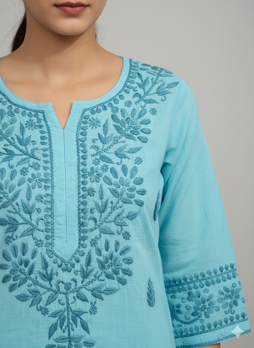 "Handmade Lucknowi Chikankari Kurti for Women – Sky Blue Cotton Kurta with Intricate Floral Embroidery | Daily & Festive Wear"