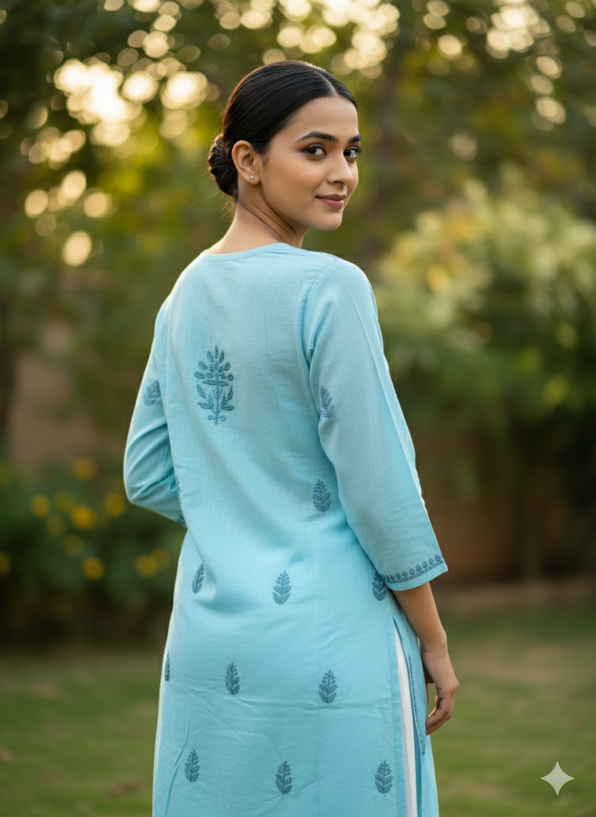 "Handmade Lucknowi Chikankari Kurti for Women – Sky Blue Cotton Kurta with Intricate Floral Embroidery | Daily & Festive Wear"