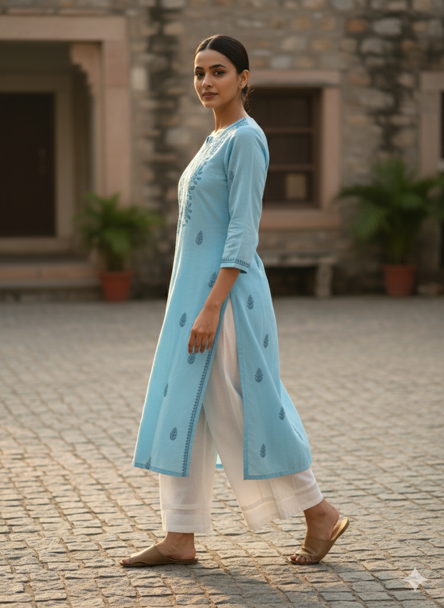 "Handmade Lucknowi Chikankari Kurti for Women – Sky Blue Cotton Kurta with Intricate Floral Embroidery | Daily & Festive Wear"