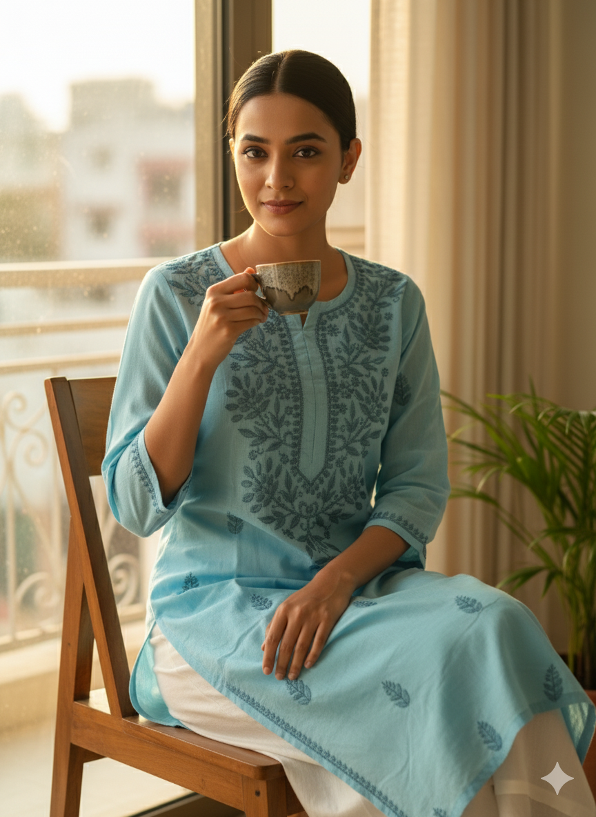 "Handmade Lucknowi Chikankari Kurti for Women – Sky Blue Cotton Kurta with Intricate Floral Embroidery | Daily & Festive Wear"