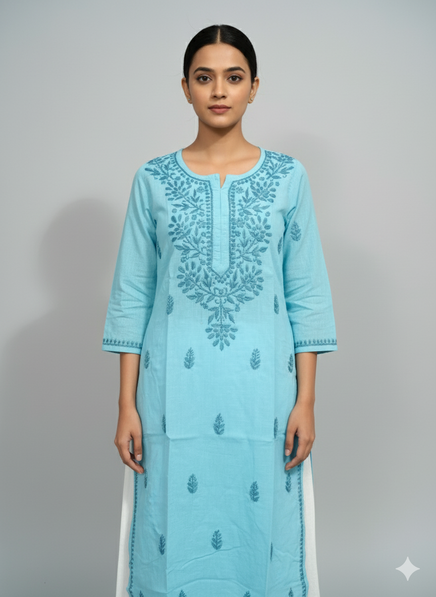 "Handmade Lucknowi Chikankari Kurti for Women – Sky Blue Cotton Kurta with Intricate Floral Embroidery | Daily & Festive Wear"