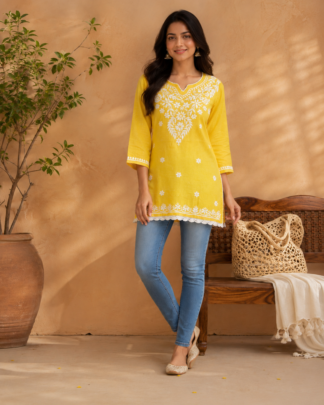 Bright Yellow Modal Chikankari Short Kurti with Scalloped Hem | Lucknow Best Chikankari