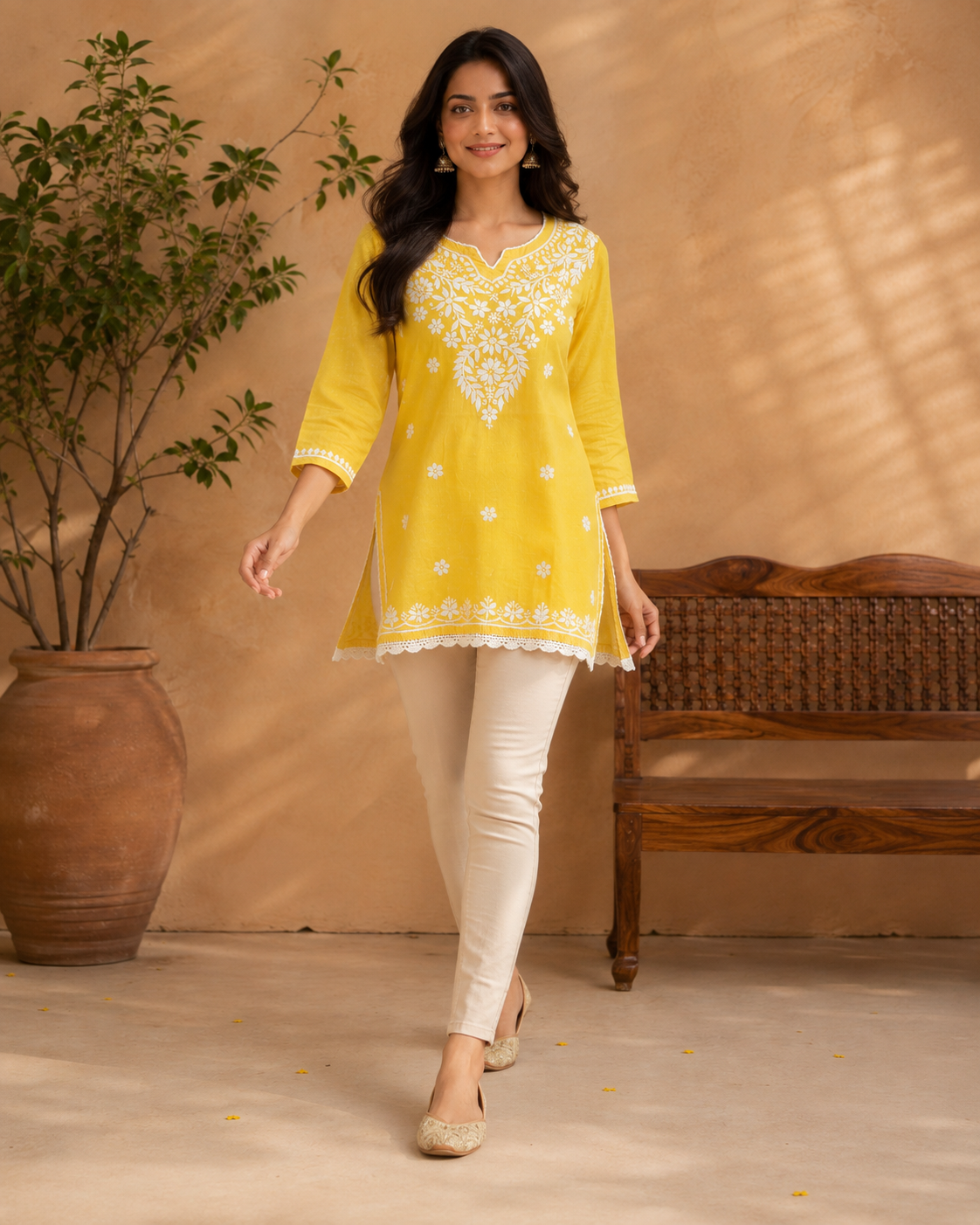 Bright Yellow Modal Chikankari Short Kurti with Scalloped Hem | Lucknow Best Chikankari