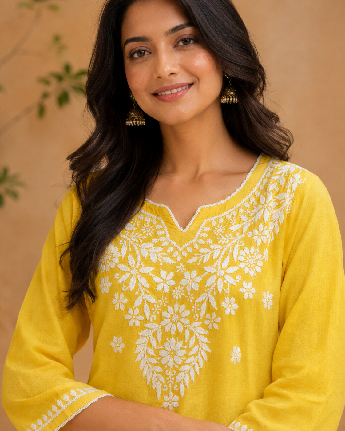 Bright Yellow Modal Chikankari Short Kurti with Scalloped Hem | Lucknow Best Chikankari