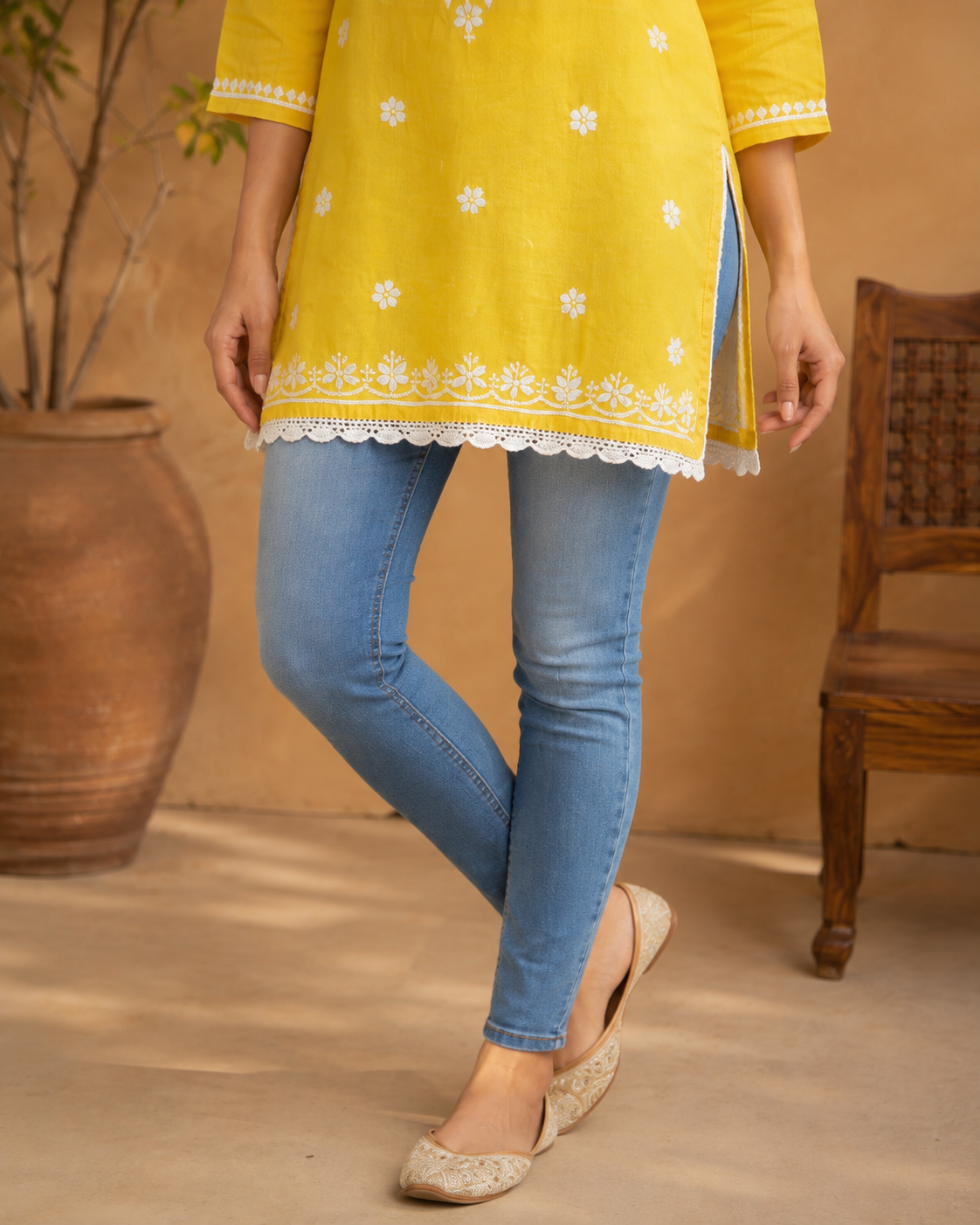 Bright Yellow Modal Chikankari Short Kurti with Scalloped Hem | Lucknow Best Chikankari