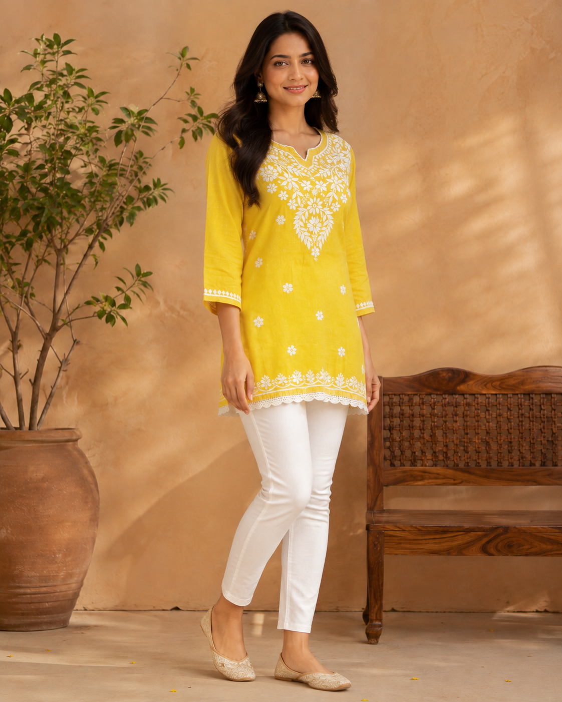 Bright Yellow Modal Chikankari Short Kurti with Scalloped Hem | Lucknow Best Chikankari