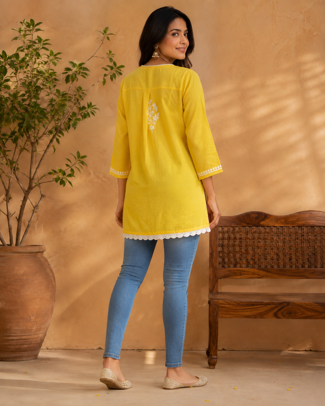 Bright Yellow Modal Chikankari Short Kurti with Scalloped Hem | Lucknow Best Chikankari
