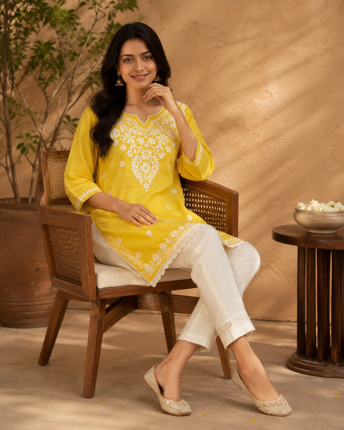 Bright Yellow Modal Chikankari Short Kurti with Scalloped Hem | Lucknow Best Chikankari