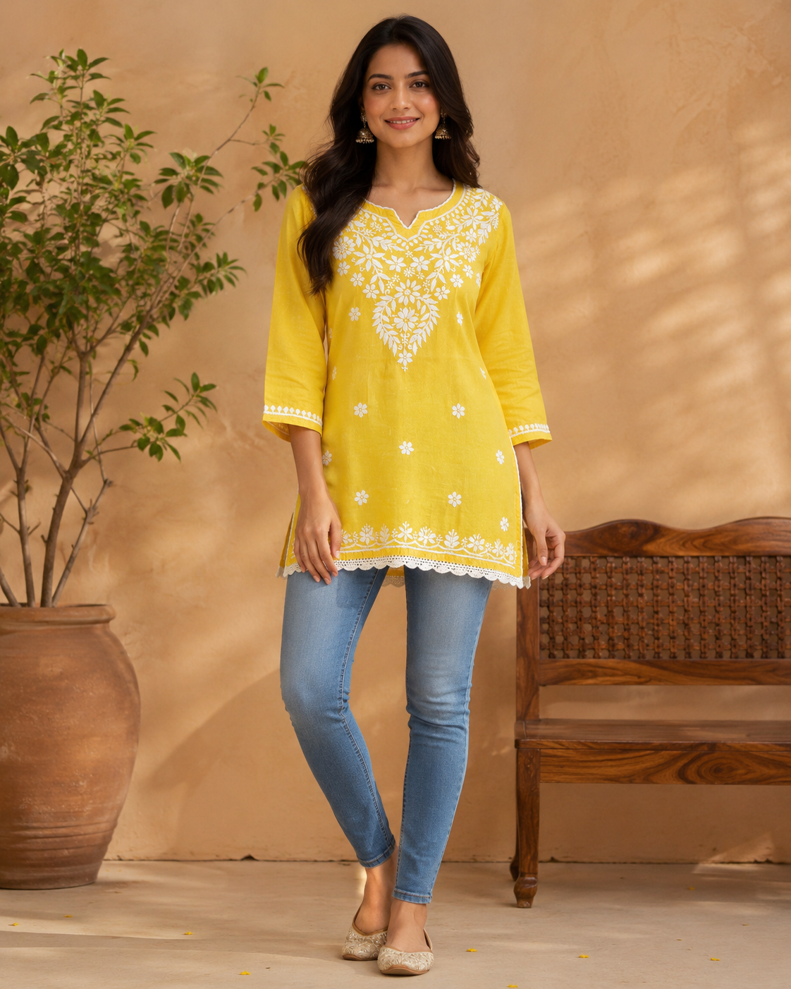Bright Yellow Modal Chikankari Short Kurti with Scalloped Hem | Lucknow Best Chikankari