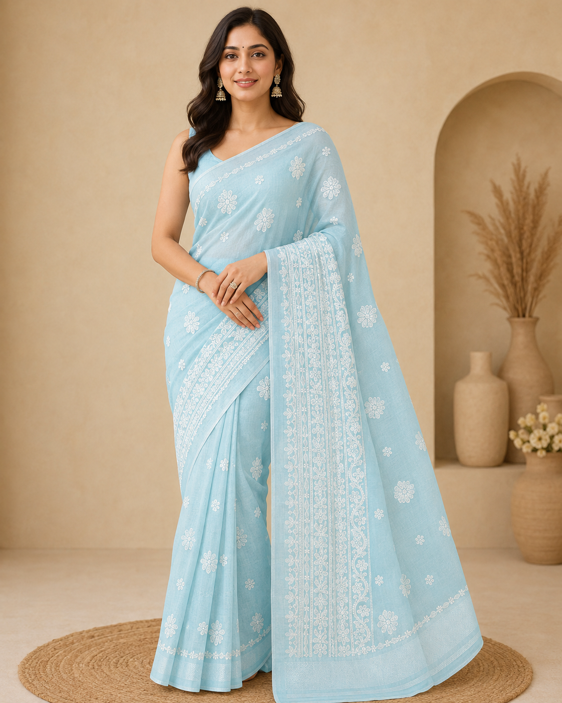 **Sky Blue Chanderi Chikankari Saree – Hand Embroidered**