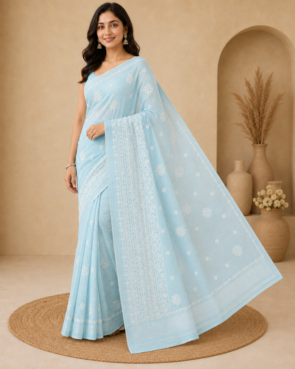 **Sky Blue Chanderi Chikankari Saree – Hand Embroidered**