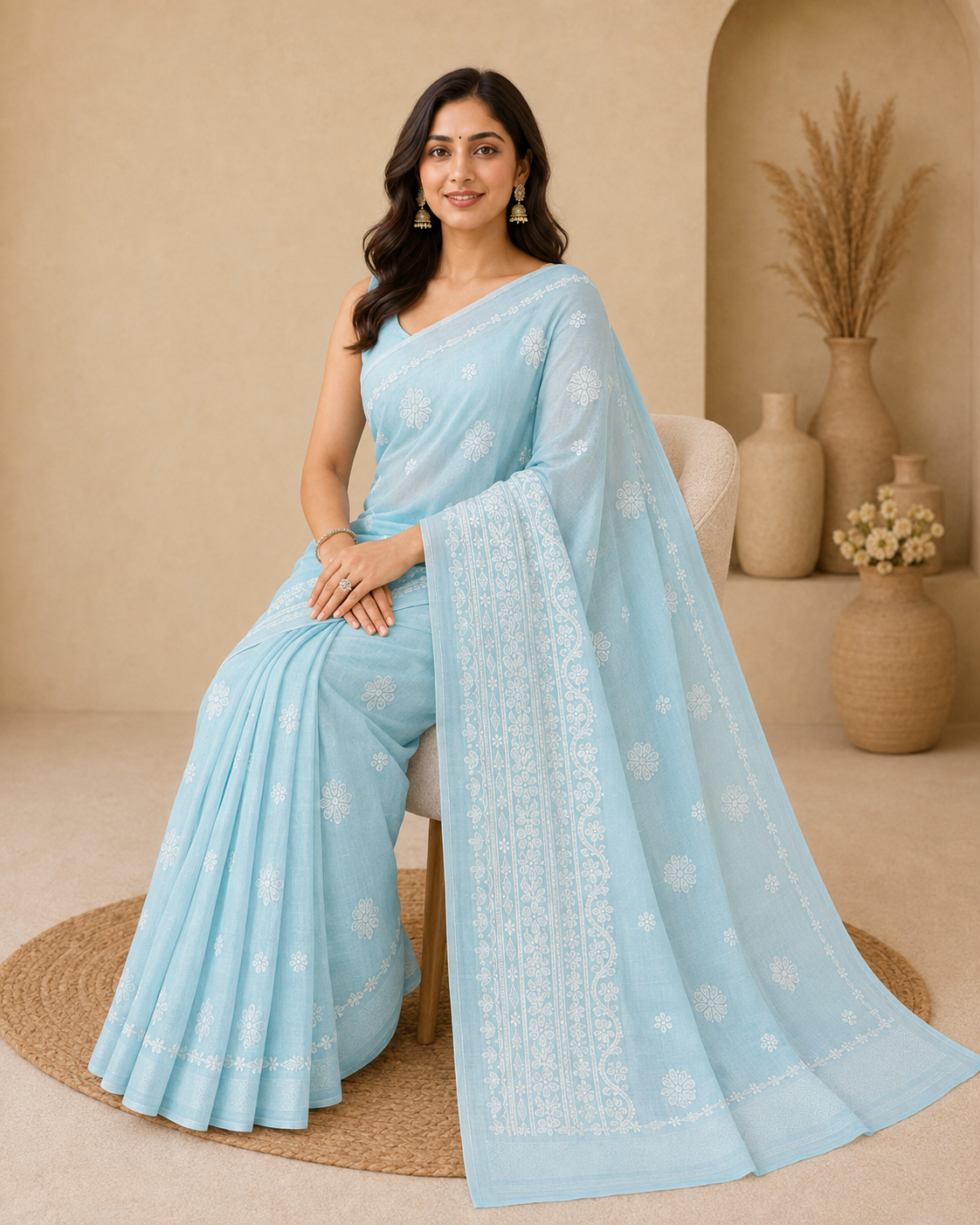 **Sky Blue Chanderi Chikankari Saree – Hand Embroidered**