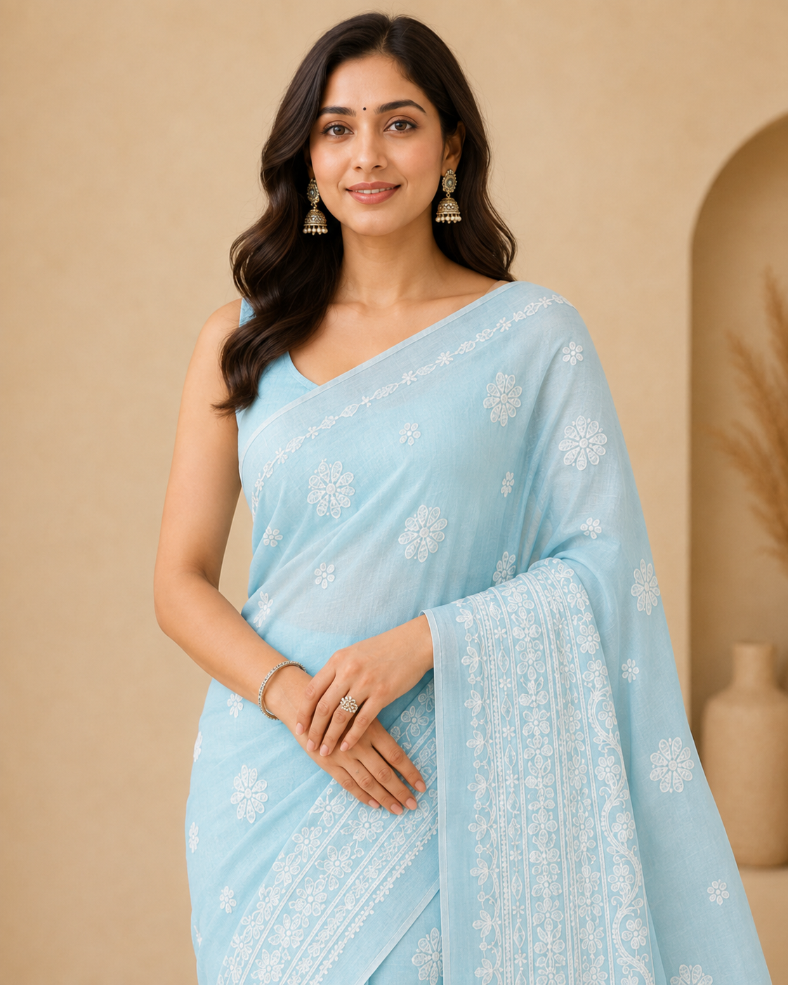 **Sky Blue Chanderi Chikankari Saree – Hand Embroidered**