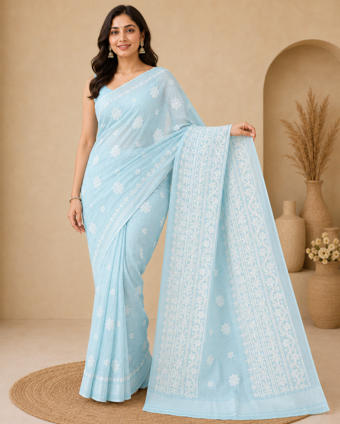 **Sky Blue Chanderi Chikankari Saree – Hand Embroidered**