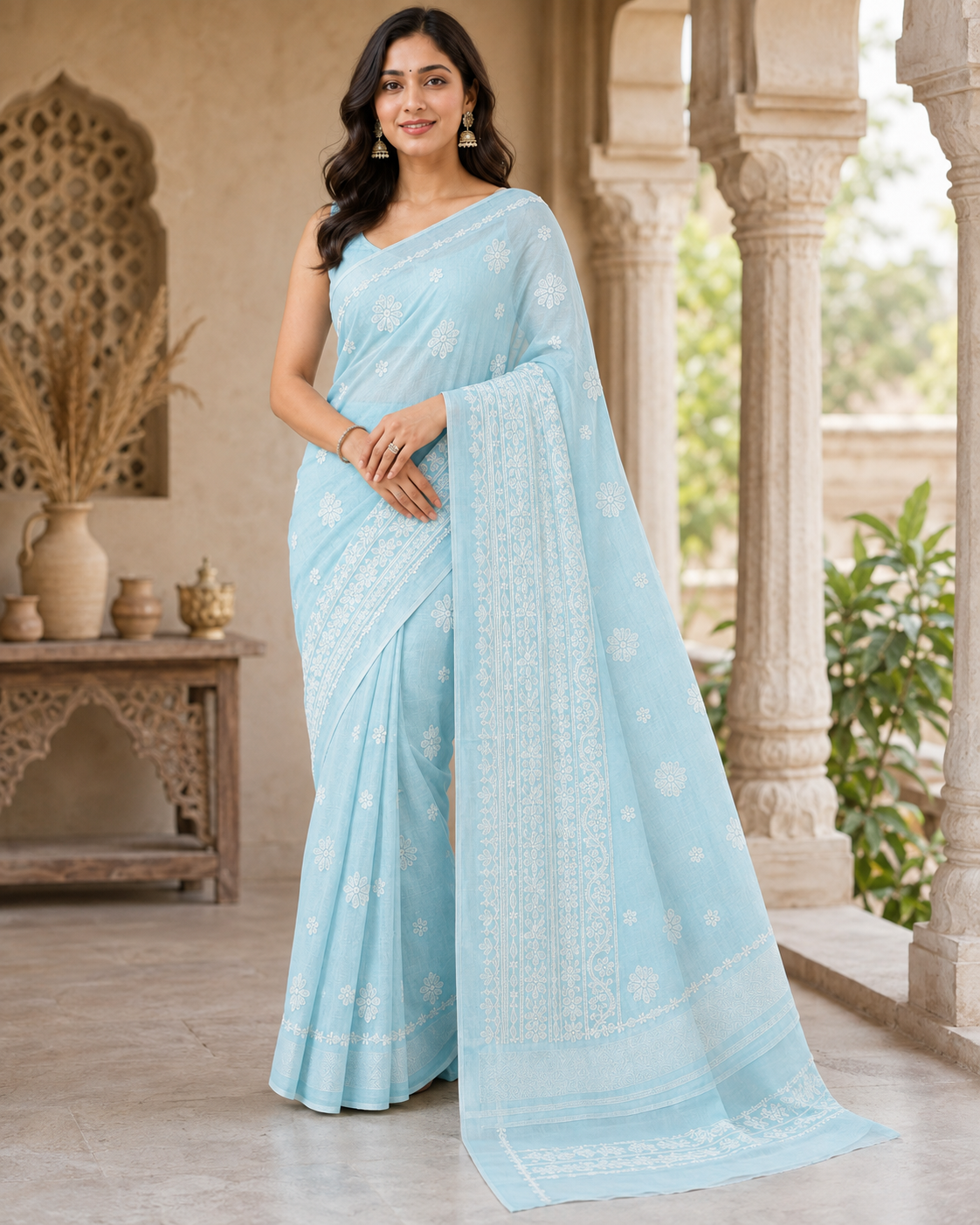 **Sky Blue Chanderi Chikankari Saree – Hand Embroidered**
