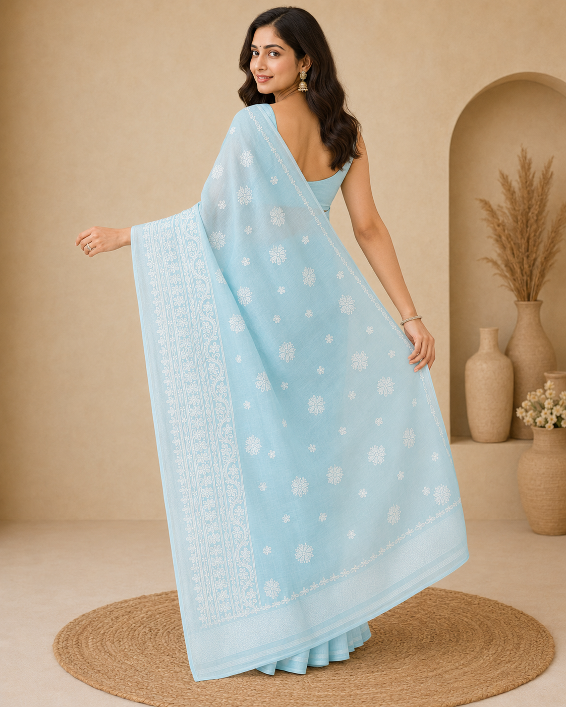 **Sky Blue Chanderi Chikankari Saree – Hand Embroidered**