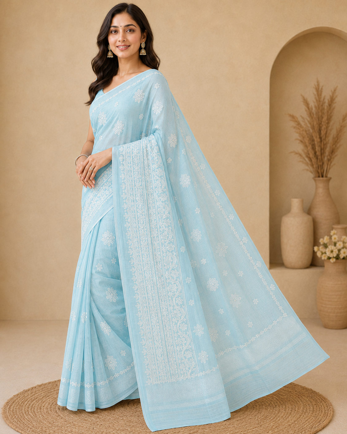 **Sky Blue Chanderi Chikankari Saree – Hand Embroidered**