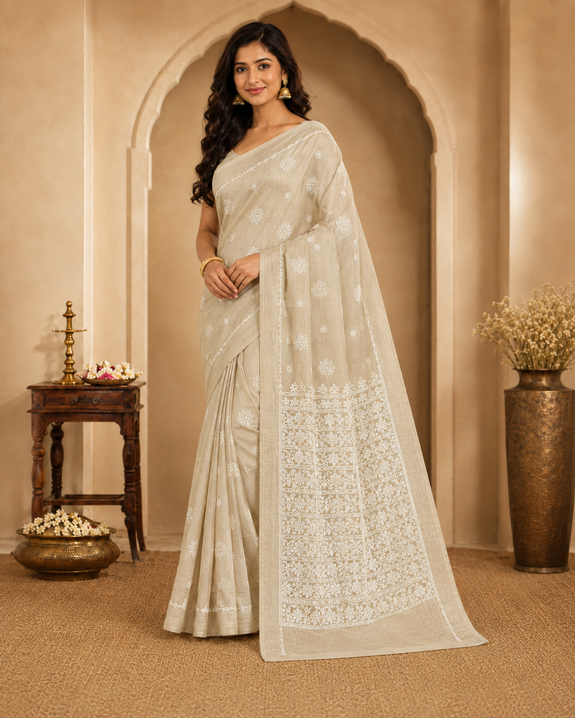 Ivory Beige Chanderi Chikankari Saree – Hand Embroidered