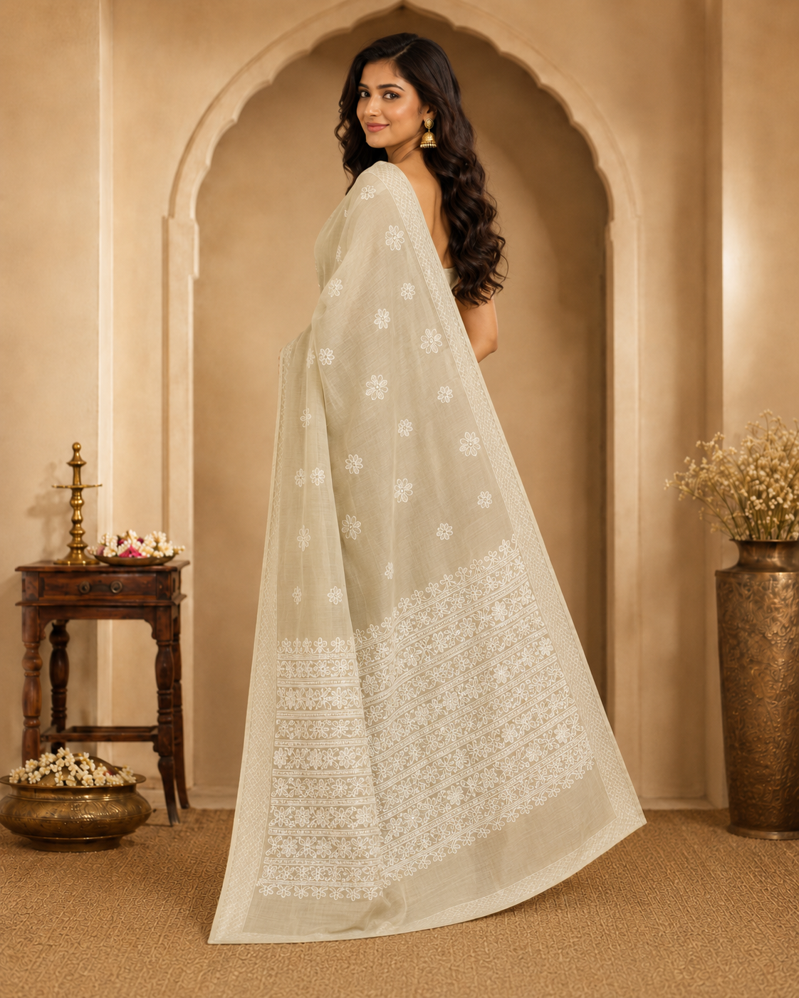 Ivory Beige Chanderi Chikankari Saree – Hand Embroidered