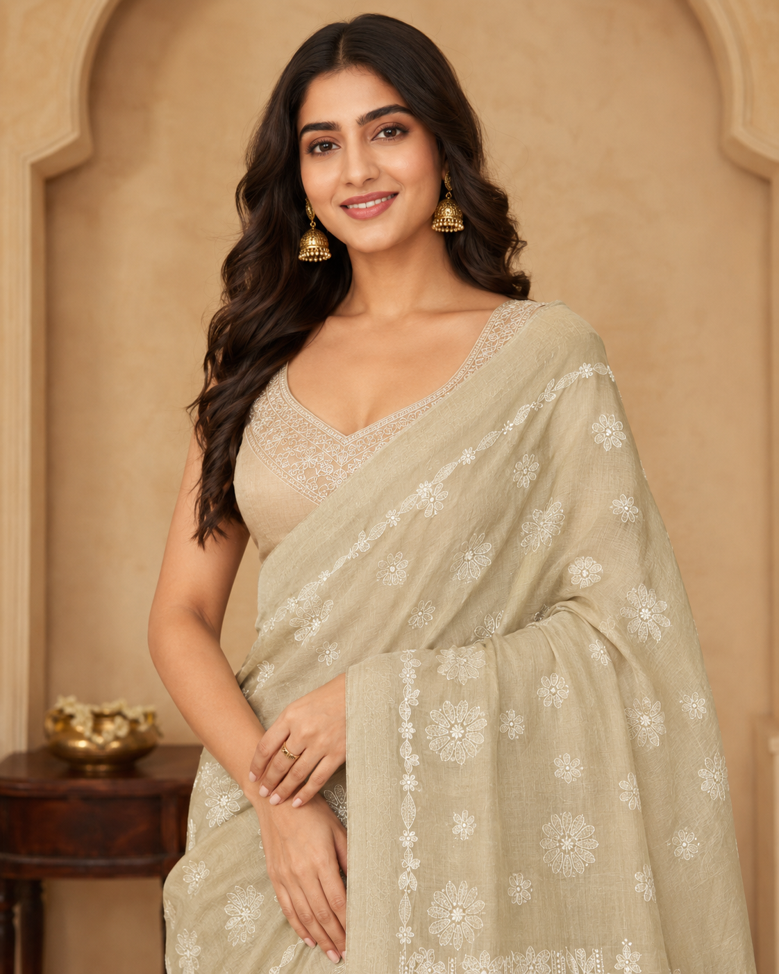 Ivory Beige Chanderi Chikankari Saree – Hand Embroidered