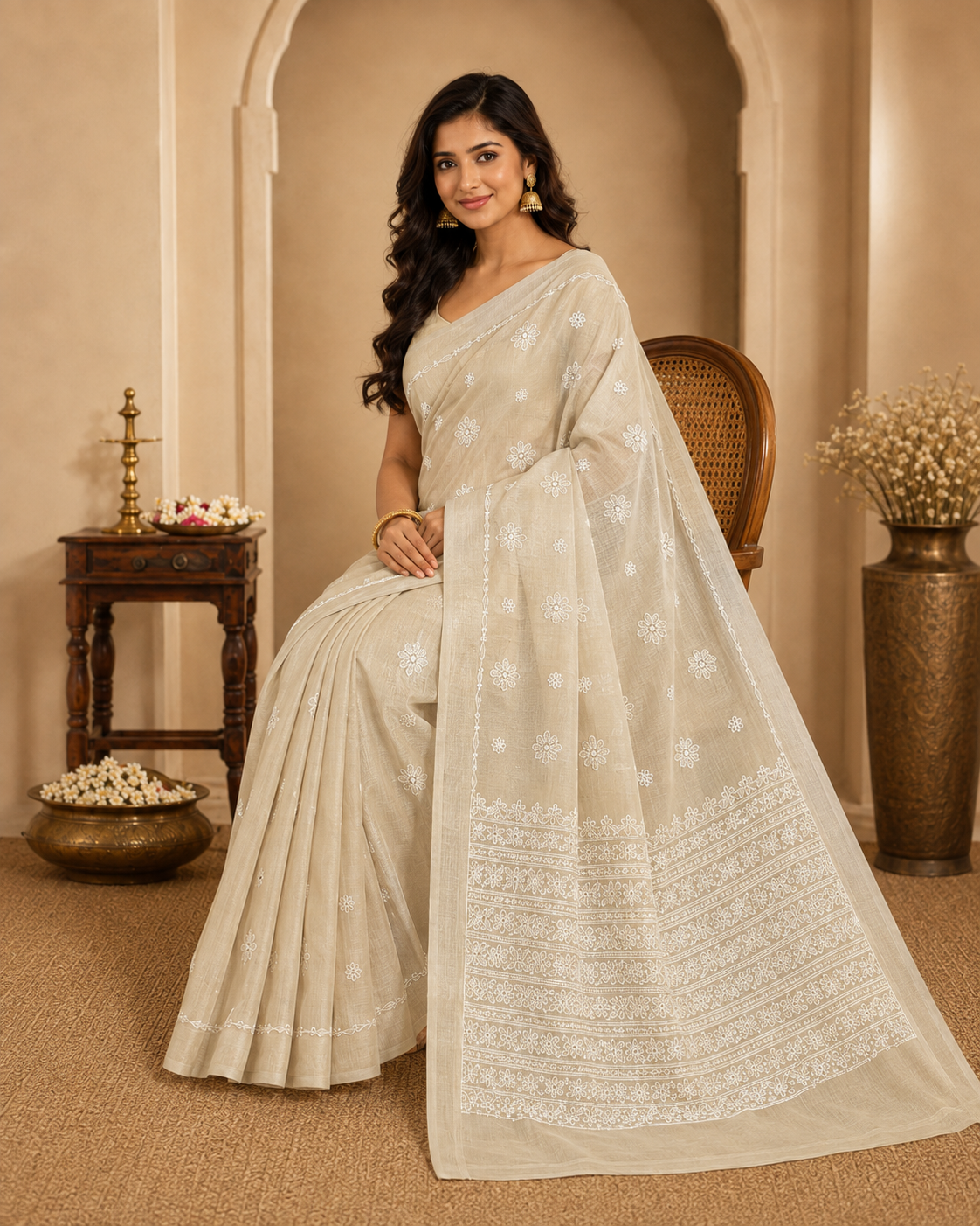 Ivory Beige Chanderi Chikankari Saree – Hand Embroidered
